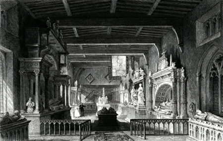 ANTIQUE PRINT: INTERIOR OF BOTTESFORD CHURCH, LEICESTERSHIRE. MONUMENTS TO THE EARLS OF RUTLAND.