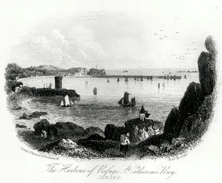 ANTIQUE PRINT: THE HARBOUR OF REFUGE, ST. CATHERINE’S BAY. JERSEY.